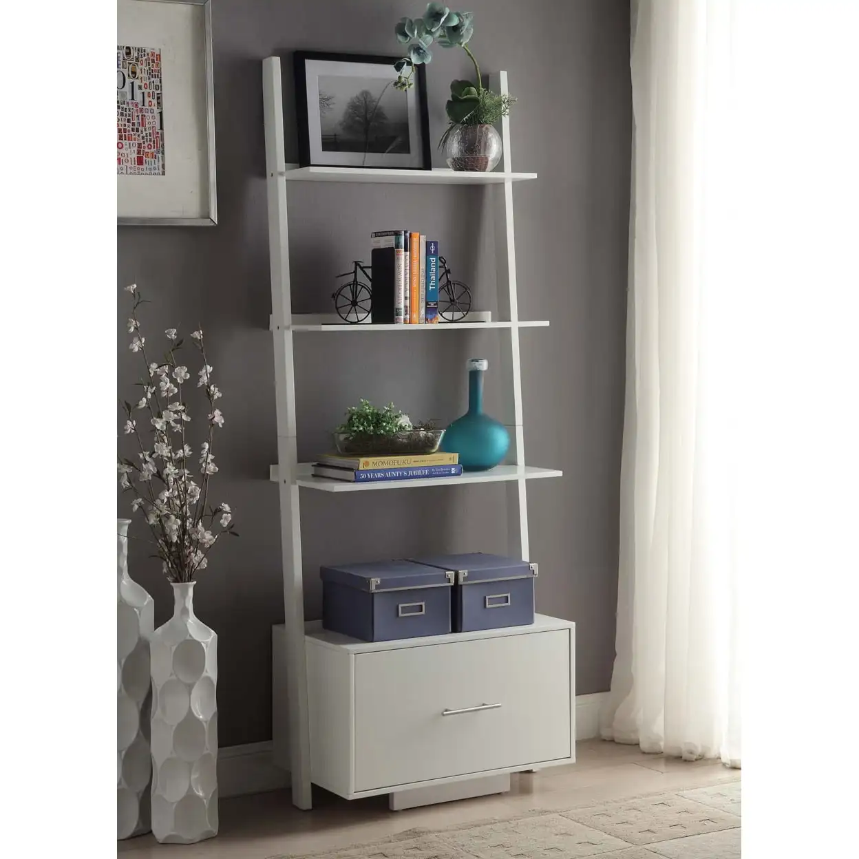 

American Heritage Ladder Bookcase with File Drawer, White