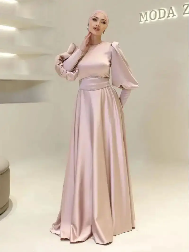 

Funyue Customized Pink Hijab Evening Dress Full Sleeves A-Line Satin Modest Formal Party Dresses Long Robe De Soirée 2025 New