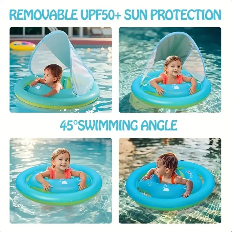 حلقة عائمة للأطفال مع مظلة شمسية قابلة للإزالة وتصميم قرفصاء غير قابل للانزلاق - مما يجعلها هدية صيفية مثالية