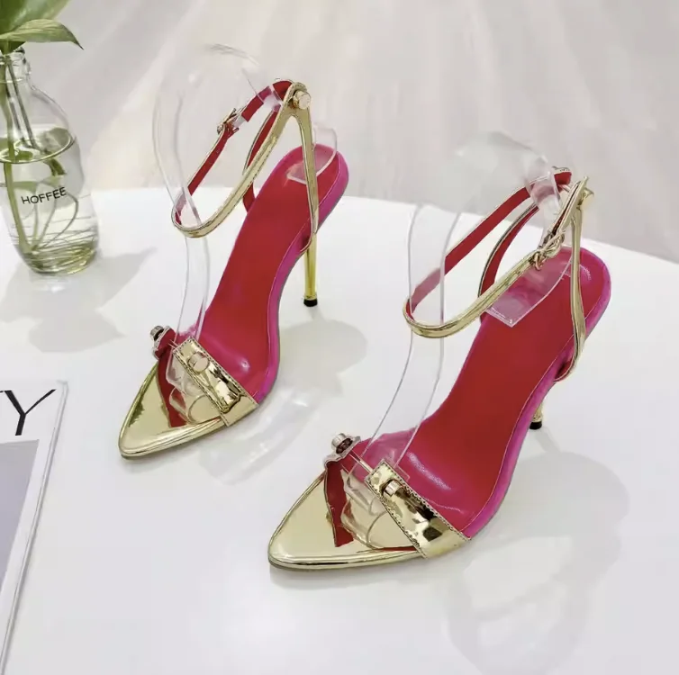 

European and American fashion minimalist pointed solid color metal T headline slim heel high-heeled Roman sandals for women