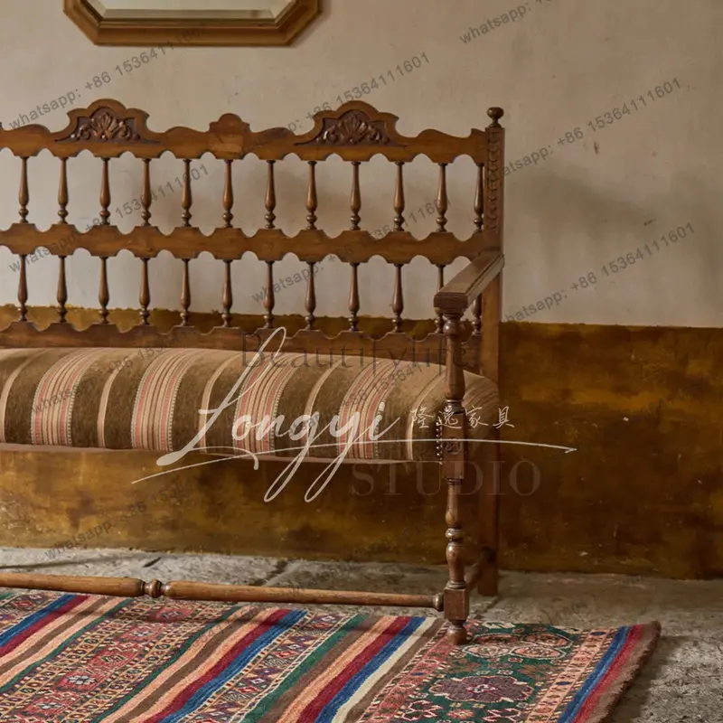 American retro old solid wood sofa antique living room three-person leisure sofa