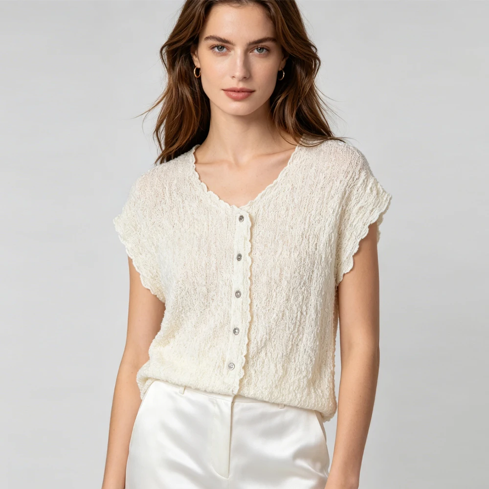 2026 Women's Casual Summer New Heavy 93% Natural Mulberry Silk Bubble Wrinkle Slim Short Sleeve Texture Top
