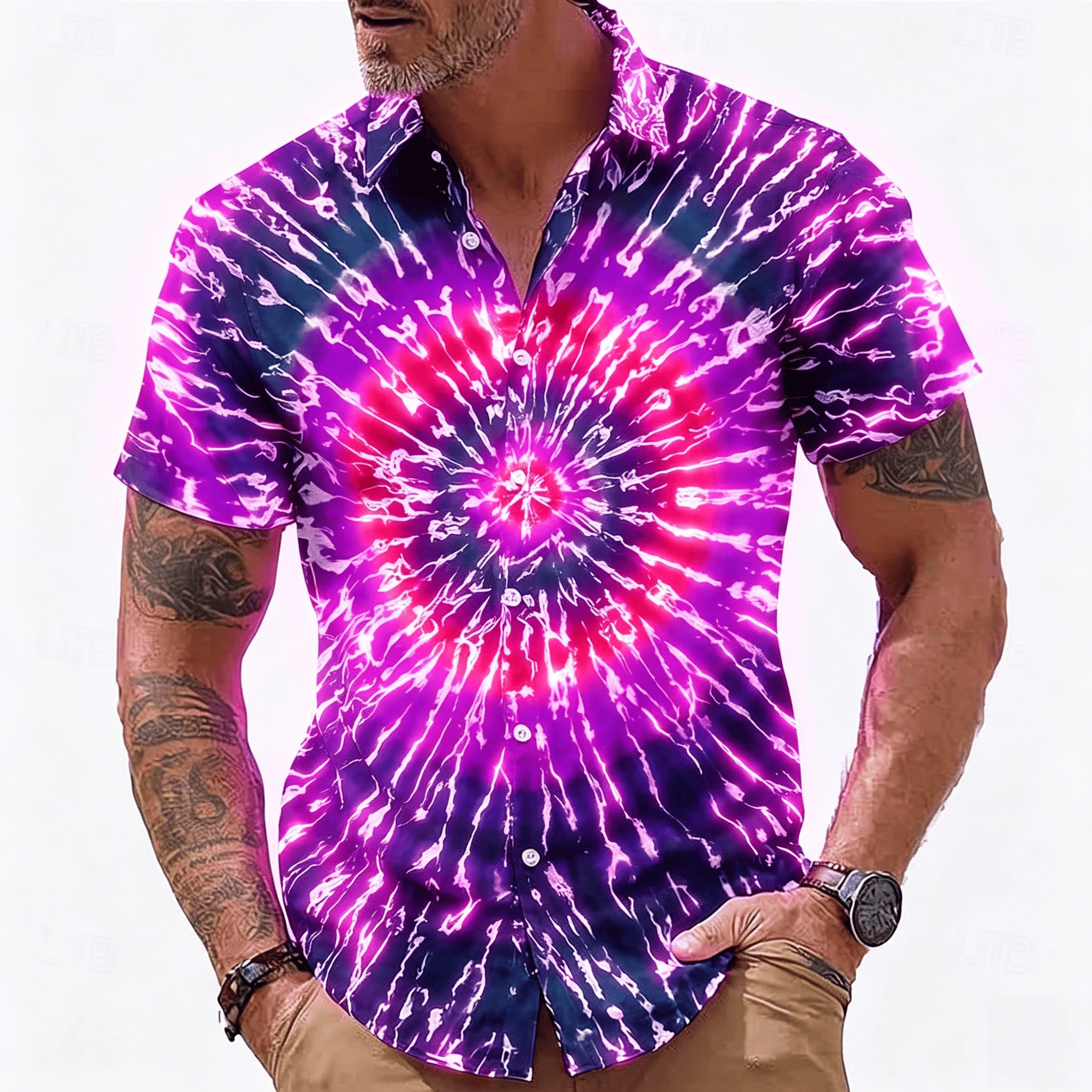 Men's Neon Lightning Tie Dye Print Short Sleeve Shirt, Retro Psychedelic Button Up Shirt for Spring & Summer