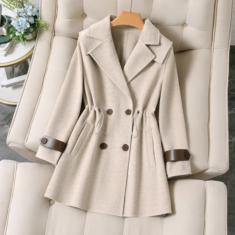 2025 Autumn Winter New Wool Woolen Coat Women Suit Wool Overcoat Waist Double-faced Wool Jackets Female Cardigan Outerwear