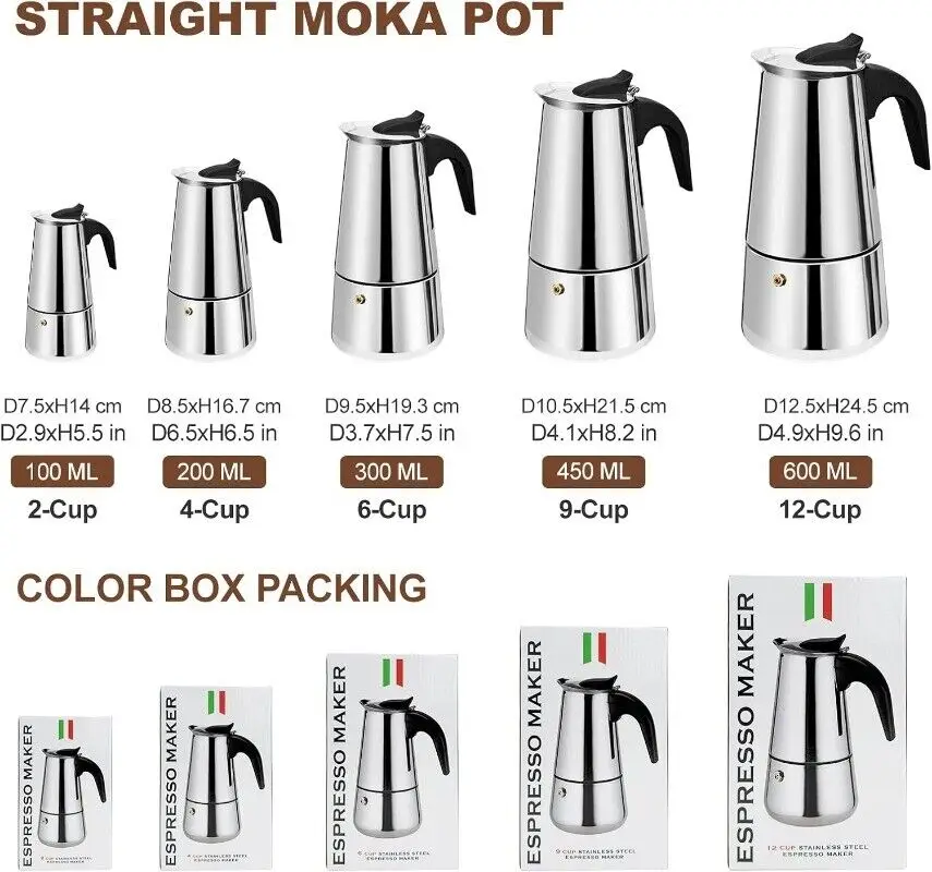 2/4/6/9/12 Cups Stovetop Espresso Maker Stainless Steel Percolator Moka Pot  Italian Coffee Maker