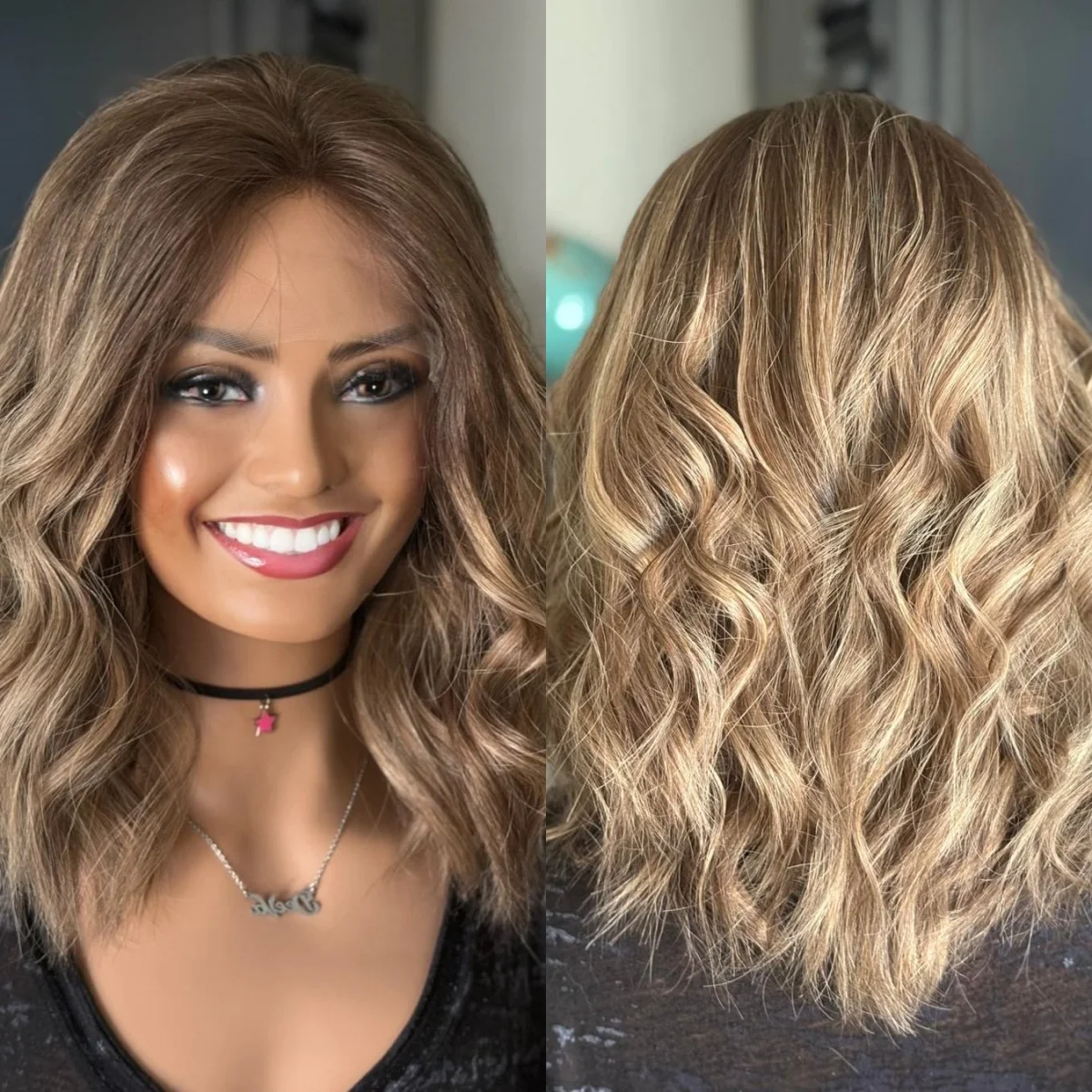 

Бесклеевые парики на плечах Синтетические волосы Карамельно-коричневый со светлыми бликами Передние парики шнурка Свободные волны Высокое качество Премиум-волокно