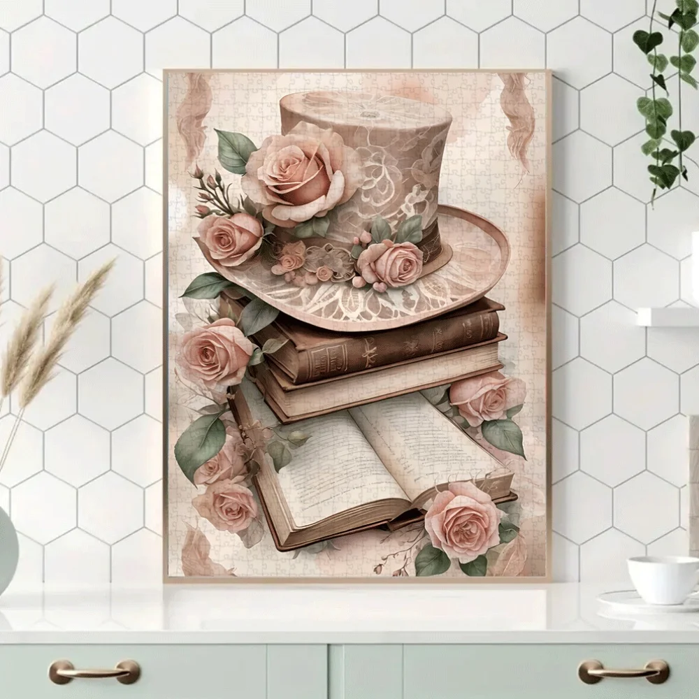 Puzzle 1000 elementów: Kapelusz z wiktoriańską koronką i róża - wzór w stylu vintage z miękkimi pastelowymi kolorami (beżowy, różowy, brązowy)