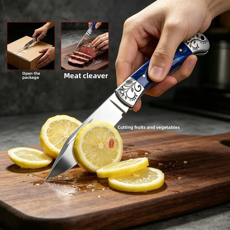 ethnic style hand held meat eating knife blue pattern resin carved handle plaything folding fruit peeling knife portable daily c