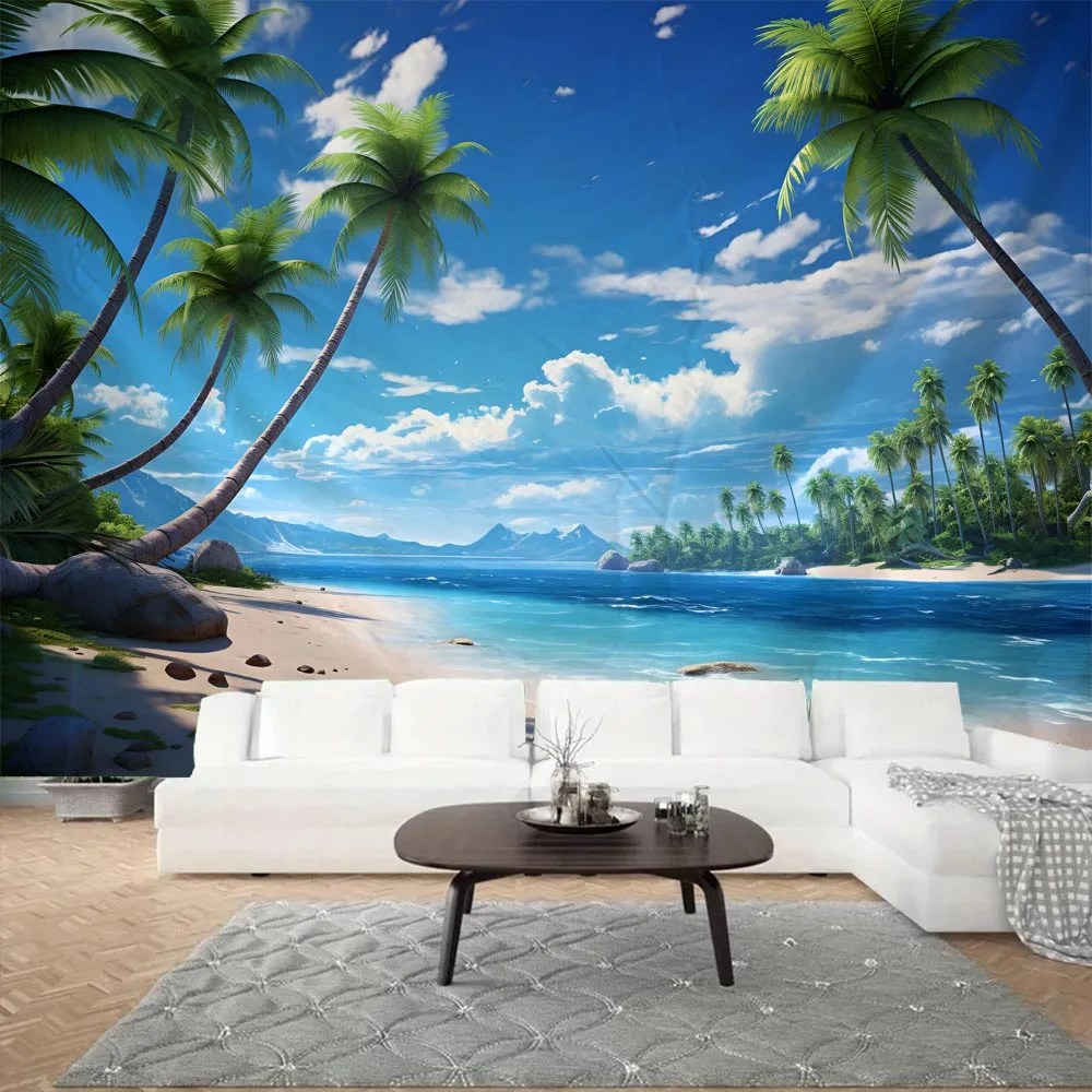 

Tropical Beach Wall Tapestry Palm Trees & Blue Ocean Design Aesthetic Healing Art for Bedroom Living Room Decor