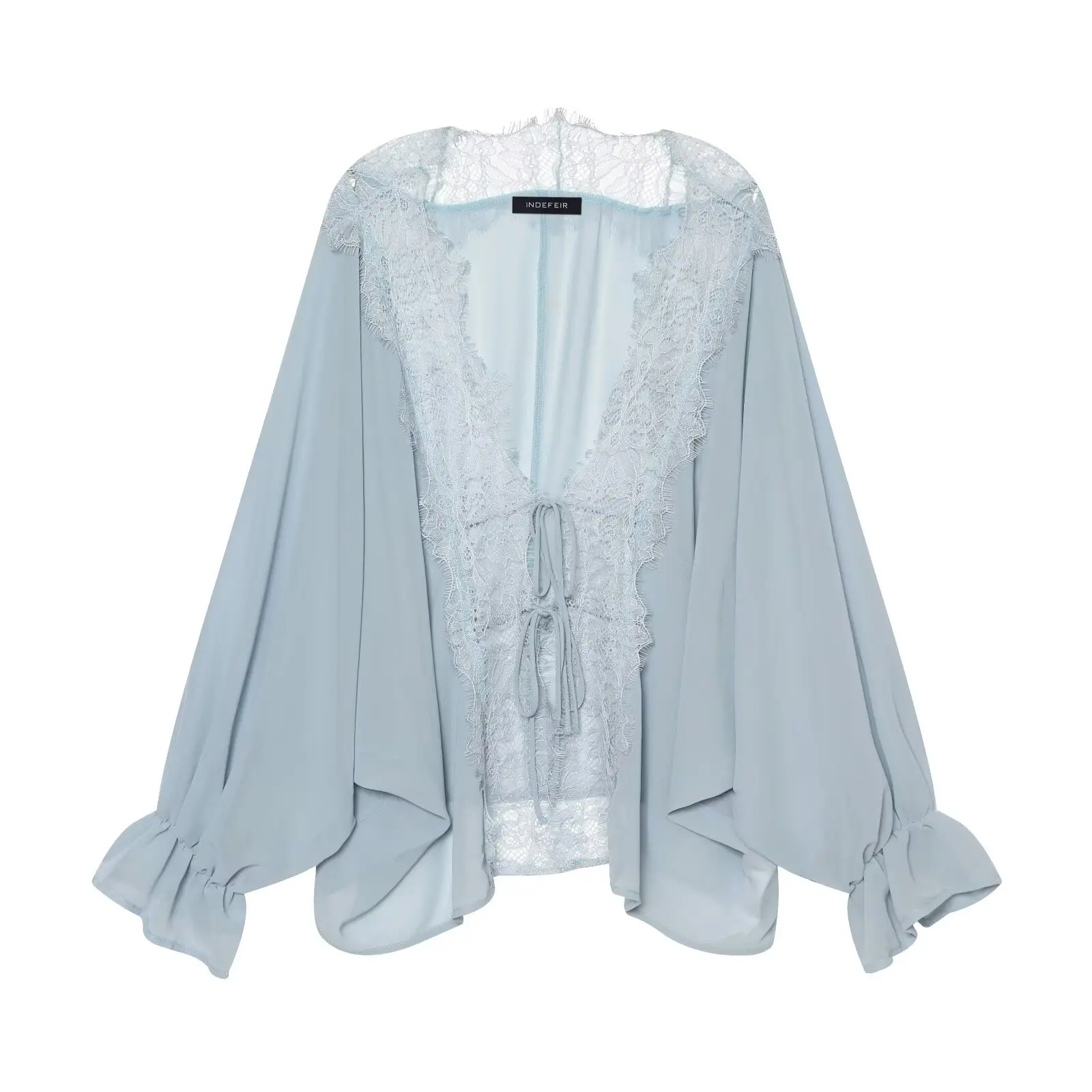 BSAY 2026 Vintage Damen Mode Transparente Bluse mit Spitzenbesatz V-Ausschnitt Vorderer Kordelzug Trompetenärmel Lässiges Strand-Sonnenschutz-Oberteil – Detail 9