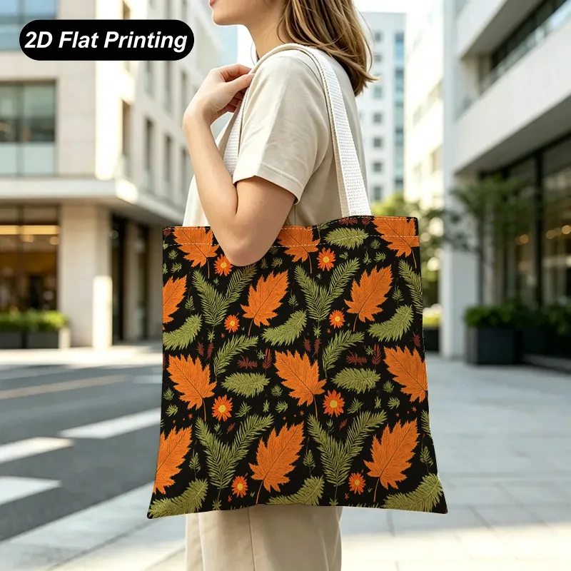 Black Vintage Tote Bag With Maple Leaf, Fern, And Daisy Prints，Durable And Large Capacity，Adapted