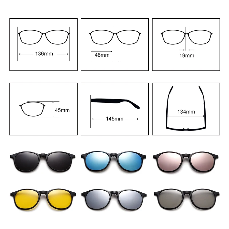 TWO Oclock Magnet Sunglass Women Men Polarized Lens Optical Spectacle Frame Clip On Glasses Men Round TR90 3D Night Vision A2245