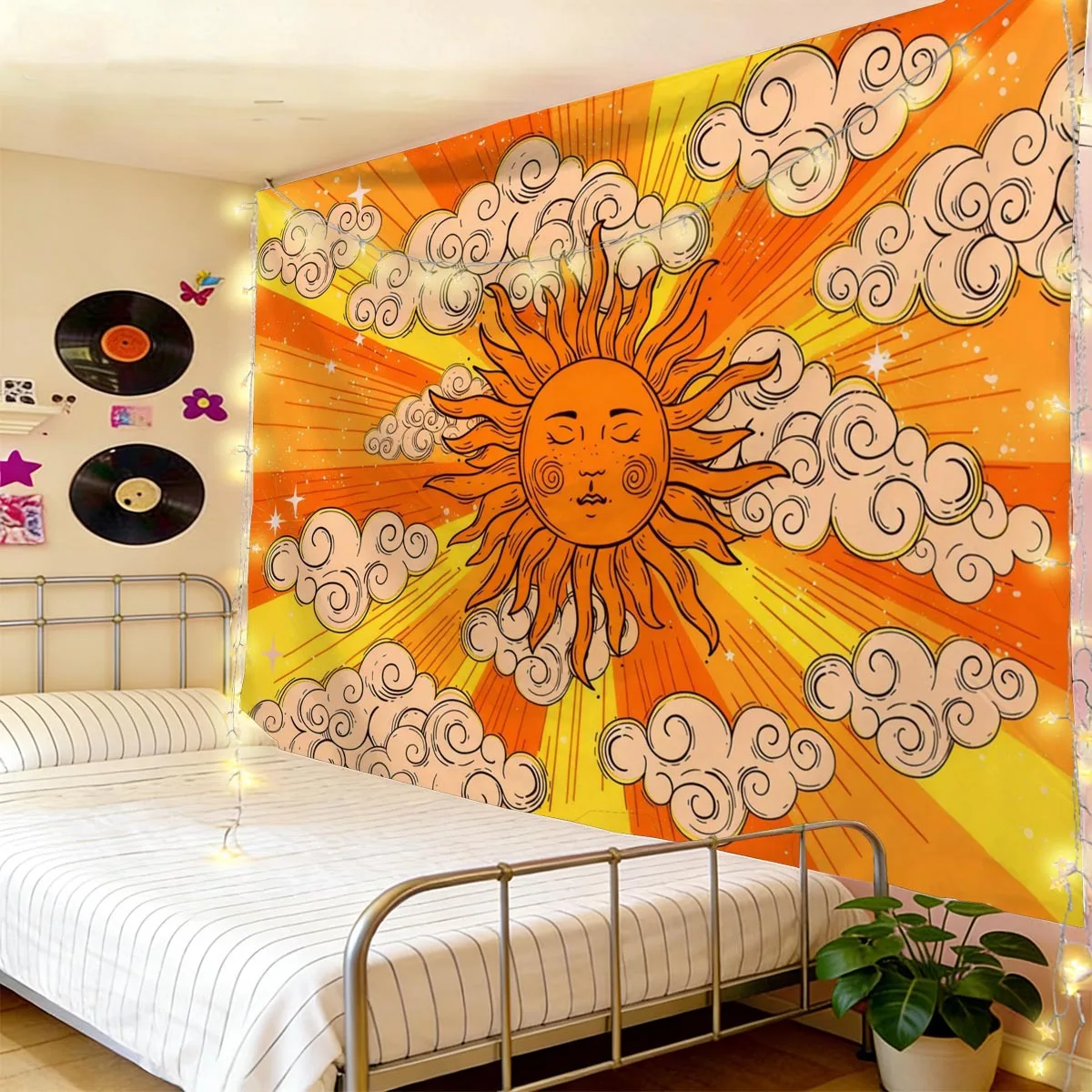 Bohemian Sun Face Cloud Tapestry Orange Yellow Radiant Wall Hanging Decorative Wall Cloth for Bedroom Dorm Apartment Home Decora
