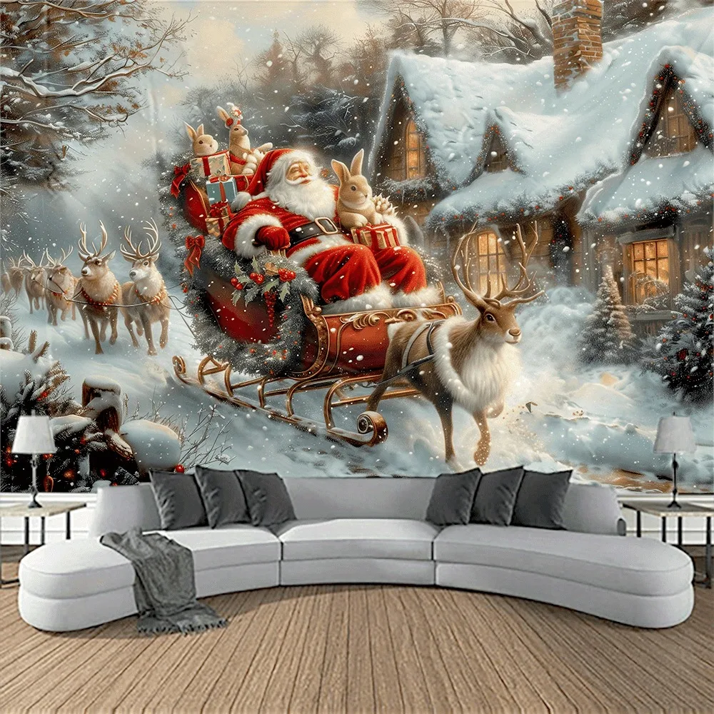 1 Stück Weihnachtsmann-Schlitten-Wandteppich für Schnee, Stadtlandschaft, Wandbehang im Wohnzimmer und Schlafzimmer, Urlaubsparty-Dekoration