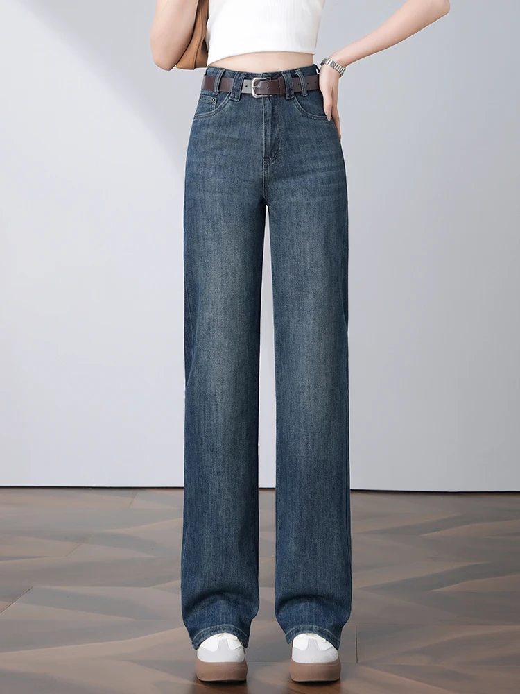 

Slim Fit Wide Leg Denim Jeans Women's Spring Autumn High Waist Loose Straight Cut Small Size Nine Point Jeans Vintage Style