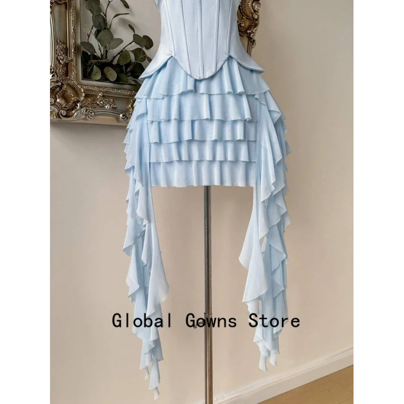 Sky Blue Strapless Homecoming Corset Prom Dresses for Women 2026 Long Tiered Ruffle Chiffon Formal Evening Gown Customized