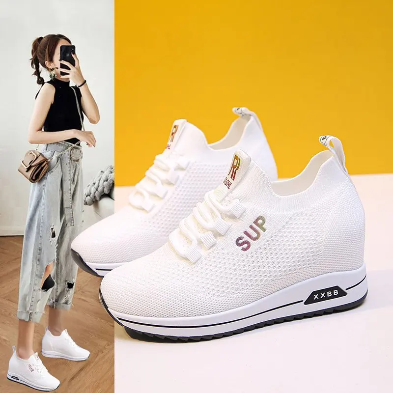 Scarpe con plateau bianche tacco nascosto donna Casual Platform Sneakers donna altezza aumento zeppe scarpe per donna scarpe da ginnastica nero rosa