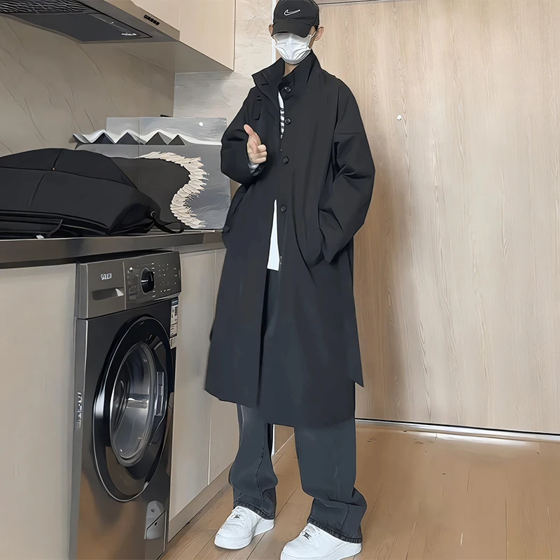 

Korean Sle Vintage Men's Long Overcoat Spring Autumn Stand Collar Knee-Length Coat Casual Faion High Quali Polyester Fiber