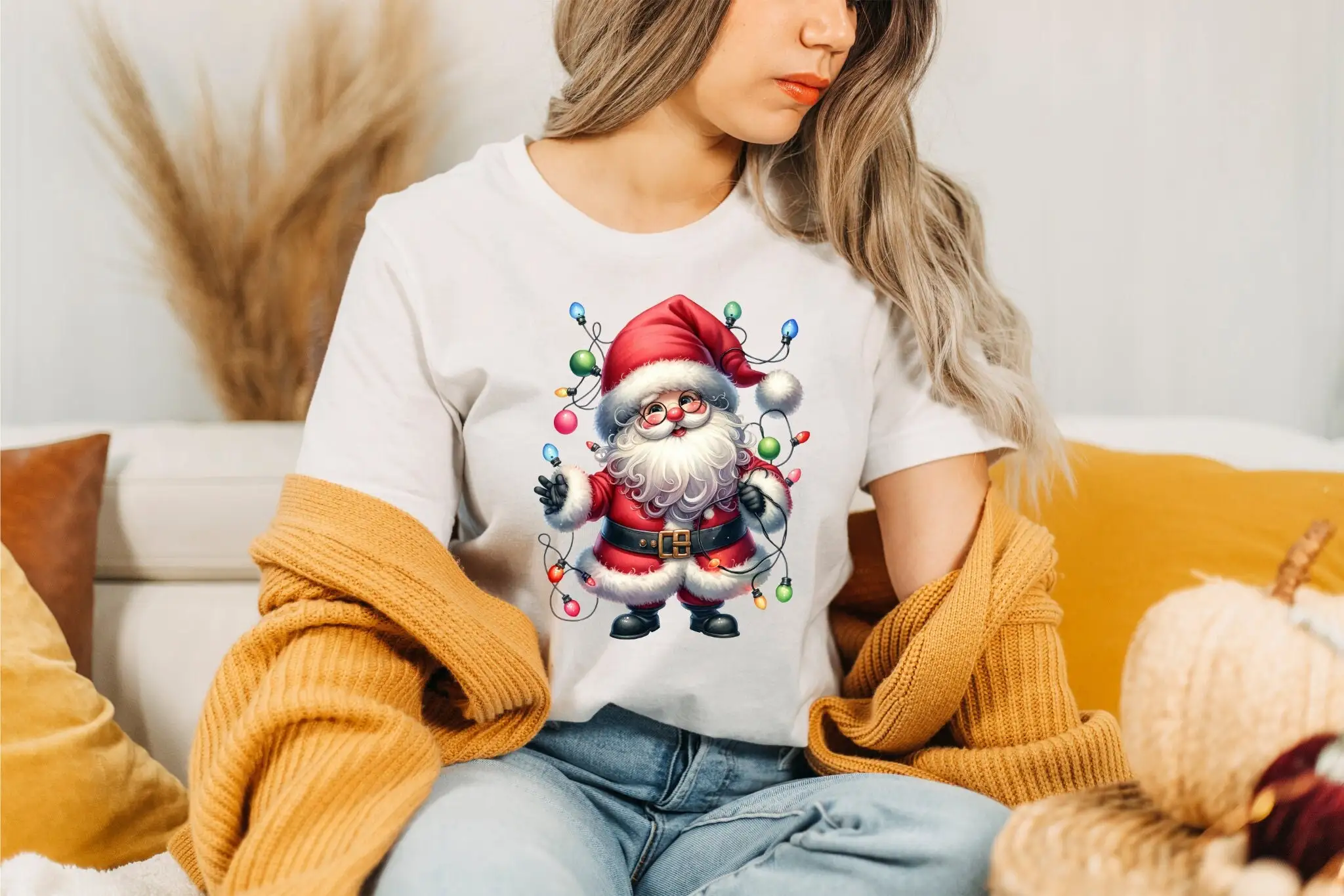 Watercolor Santa Claus T Shirt Christmas Lights Entangled Design Festive DTG Print for Men and Women Holiday Top