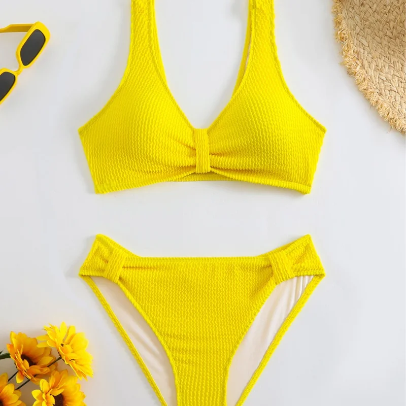 Bikini2025New Style Two-Piece Solid Color High-Waist Tummy ControlbikiniSwimsuit