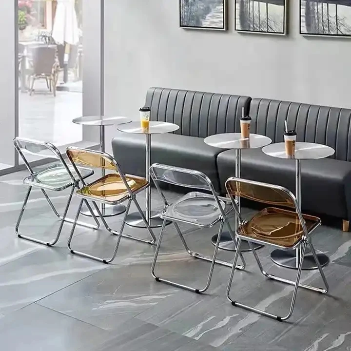 Modern Hotel Restaurant Roestvrij Staal Transparant Acryl Eetkamerstoelen Opvouwbare Koffiestoelen