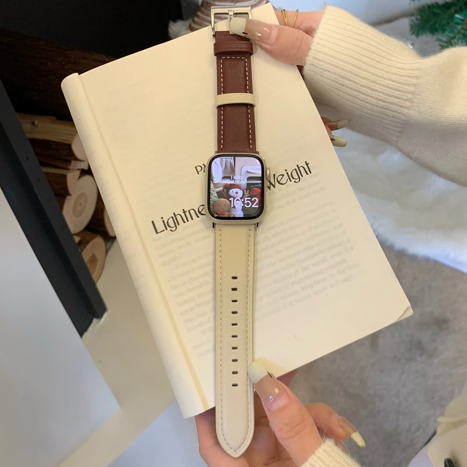 Leather Strap For Apple Watch Band Ultra 49mm 45mm 44 42mm 38 40 41mm Contrasting Colors Bracelets Iwatch Series 9 8 7 6 SE 5 4