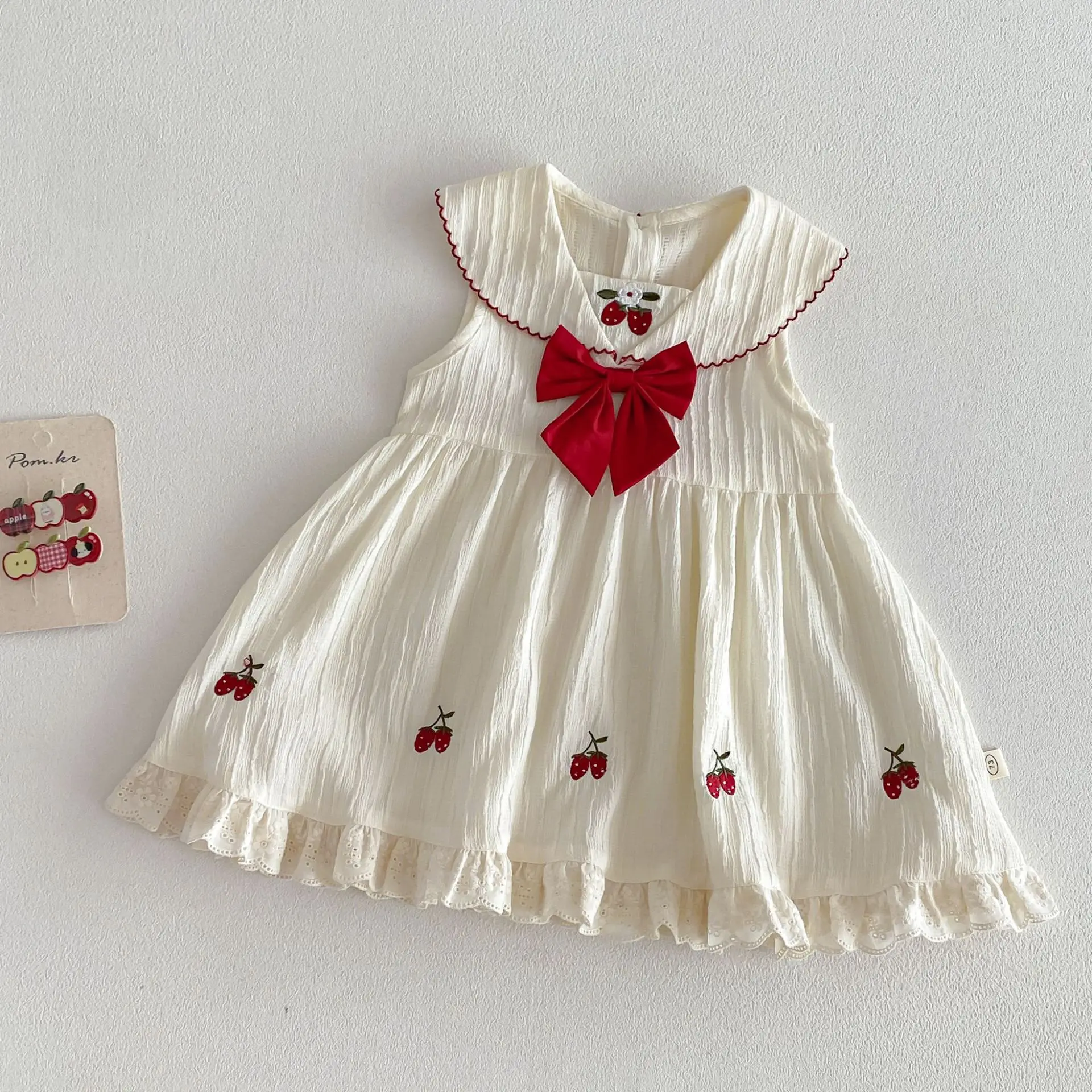 Mädchen-Kleid mit Kirsch-Stickerei, Peter-Pan-Kragen, Sommerkleid mit Schleife und Spitze für Kleinkinder