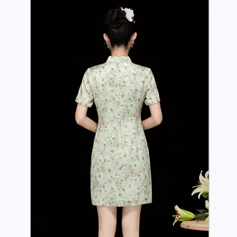 Gaun Vintage musim panas, gadis muda gaya Cina kerah berdiri lengan pendek ramping elegan hijau muda dicetak ditingkatkan Cheongsam Mini