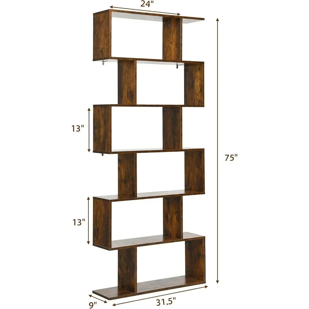 Scaffale a forma di S a 6 livelli con dispositivo antiribaltamento, espositori divisori per soggiorno, decorazioni per la casa, libreria a 6 ripiani