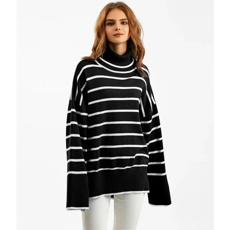 Women\'s Striped Sweater Black White Thick Warm Winter Top Streetwear Vintage Knitted Sweaters Women Turtleneck Pullover