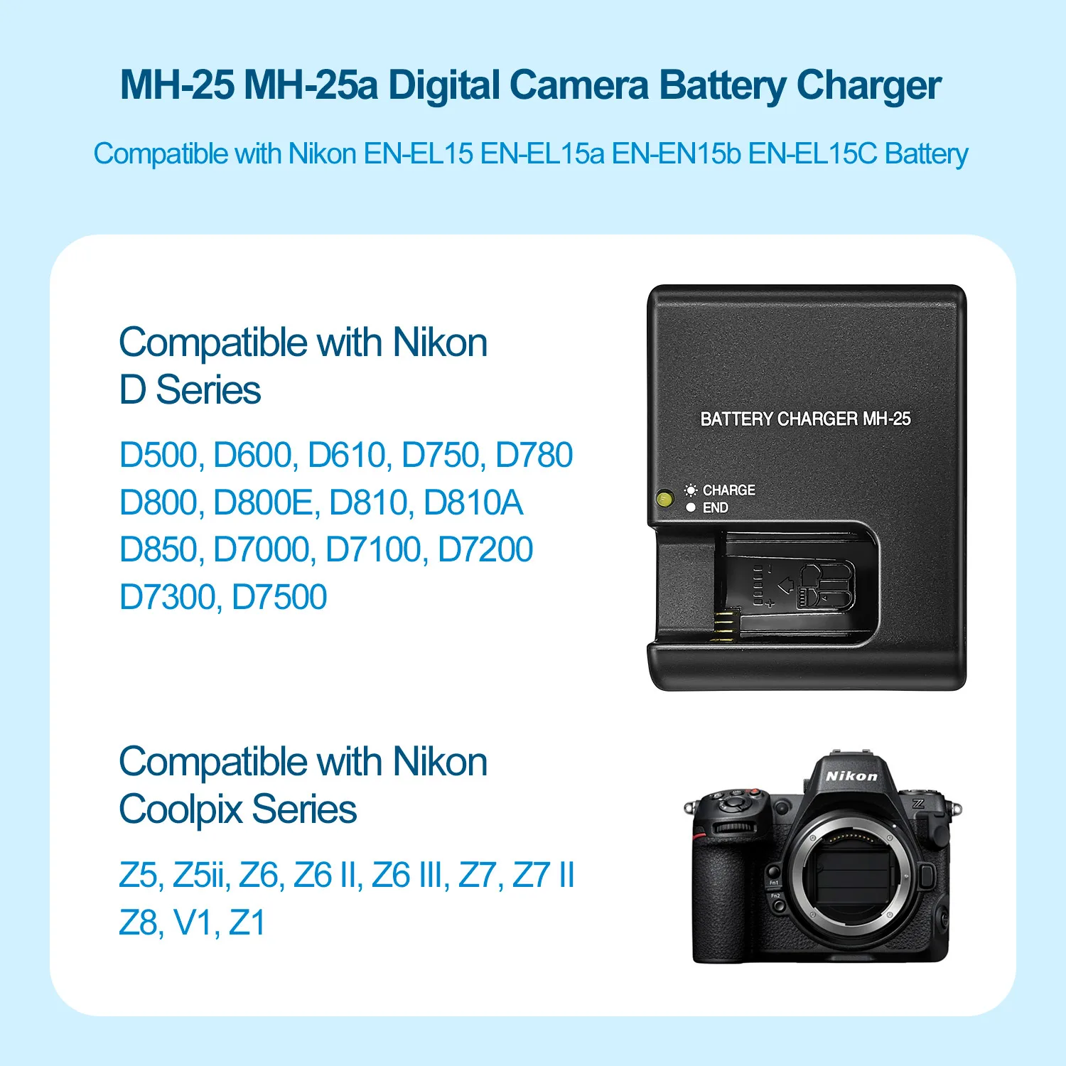 MH-25 Akkuladegerät für Nikon EN-EL15c EN-EL15 für Coolpix Z6iii Z8 D850 Z5ii D7500 D780 Z5 Z6 II D500 D750 D800 D7100 D610Cam – Detail 3