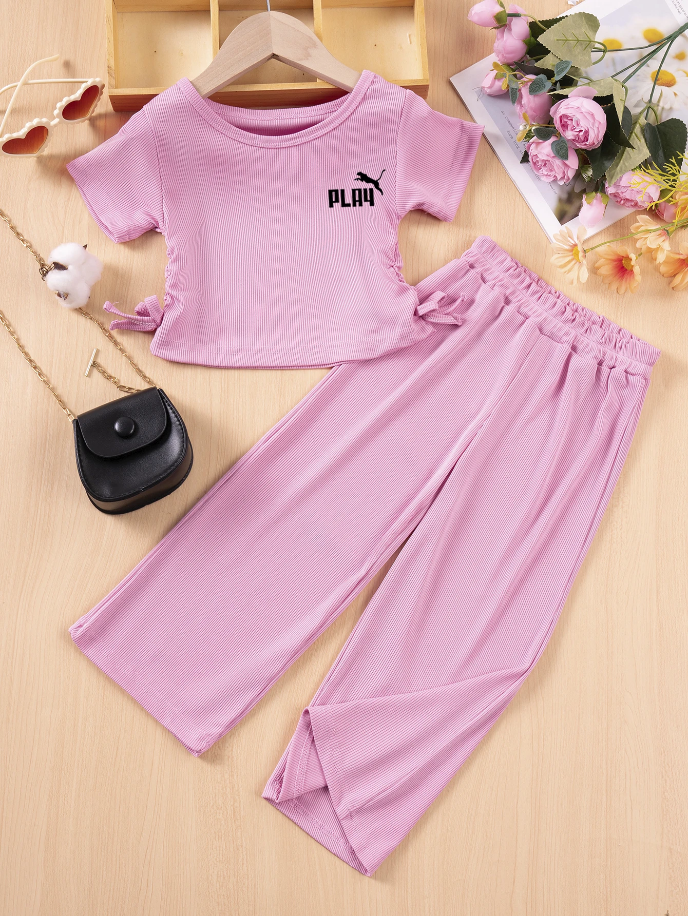 Girls' 2Pcs Sets Print Short Sleeve Top & Nine-Tenth Pants Set, Knit Elastic Round Neck Waist Drawstring, Summer Cute Style