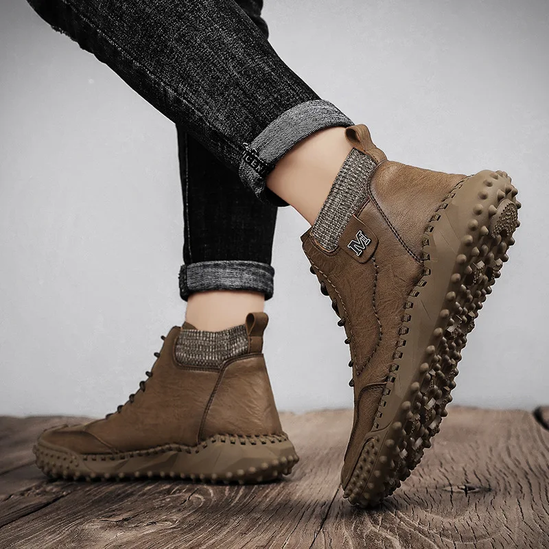 Inverno quente sapatos casuais masculinos moda artesanal botas masculinas confortáveis botas de tornozelo ao ar livre botas de caminhada de alta qualidade