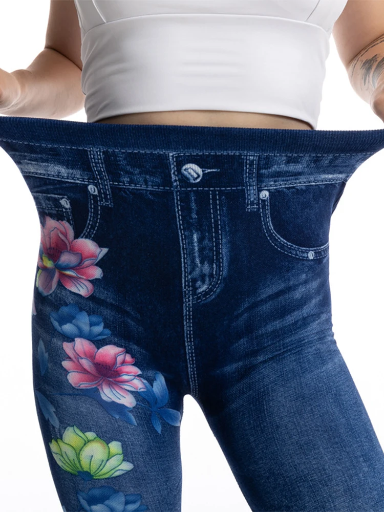 CUHAKCI Push-Up Sport Capri Blume Gedruckt Leggings Frauen Faux Denim Leggins Nahtlose Sexy Kurze Hohe Taille Gym Übung Weibliche