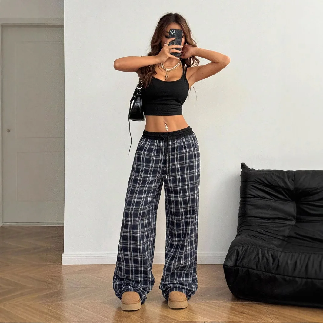 2025 Autumn New Fashionable Loose Elastic Waist Home Checkered Pattern Casual Pants