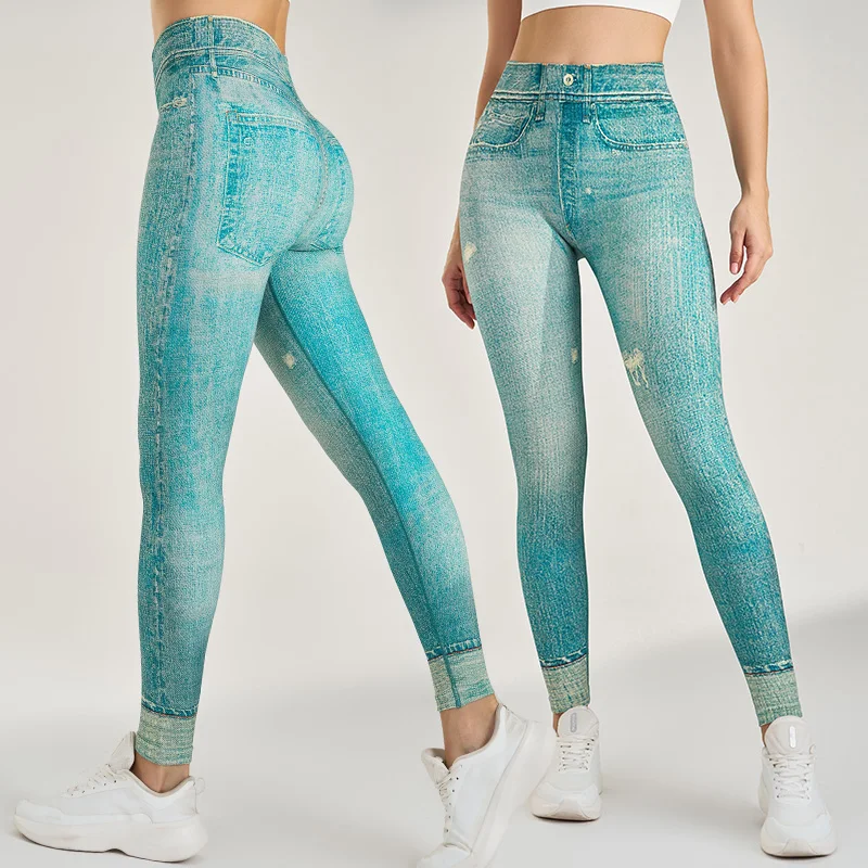 Sports fitness faux jeans yoga skinny bottoms high-waisted hip-lifting nine-minute plastic leg trousers female