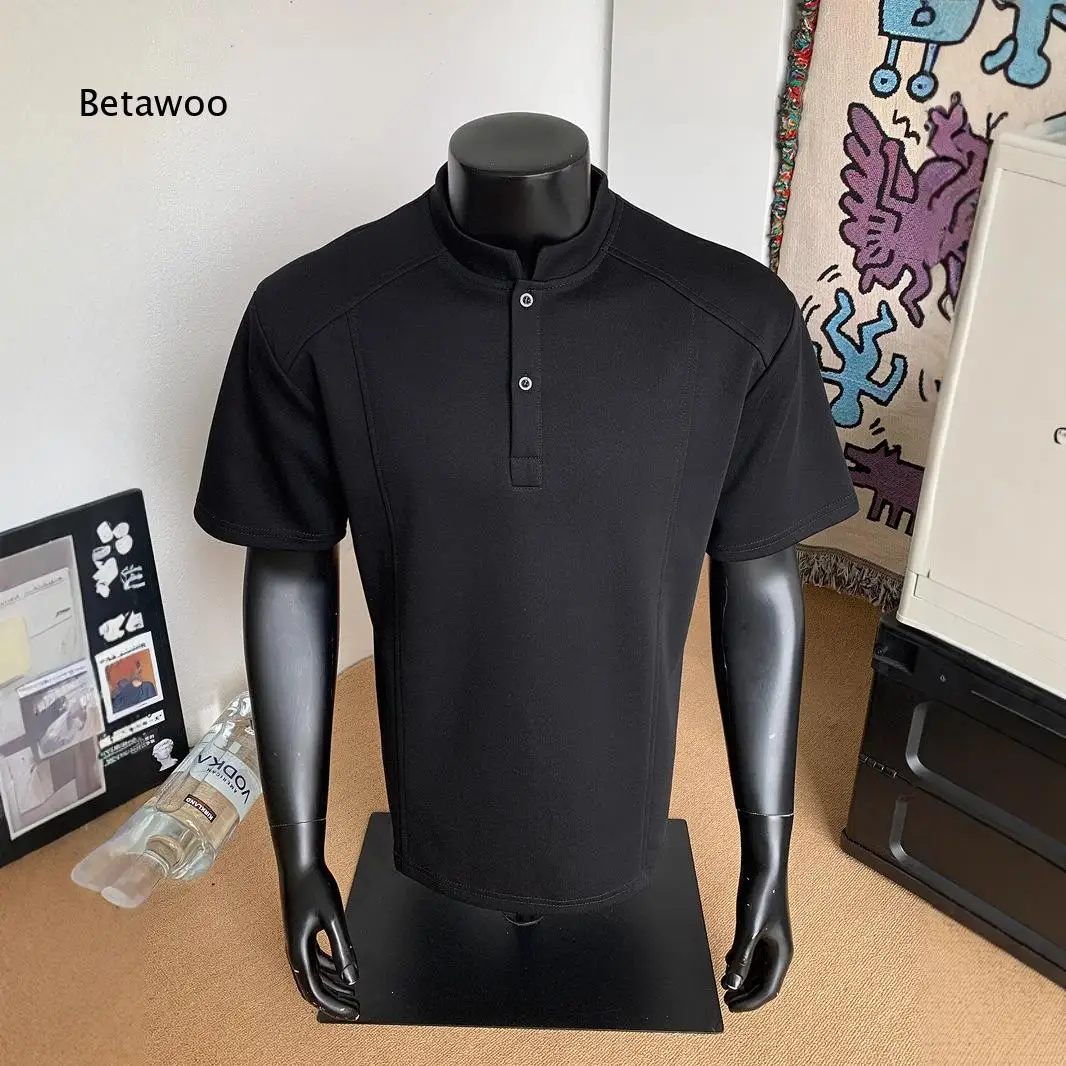 Mens American Retro Henley Collar T Shirt Summer Short Sleeve Set In Shoulder Slim Cropped Top Simple Stylish Polo Shirt For Ca