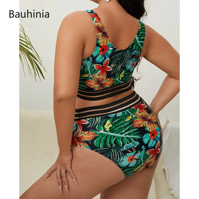 Bauhinia New 5XL Plus Size Swimsuits 2 Pieces Set Women High Waist Push Up Bikini Sets Flower Print Summer Large Bathing Suits