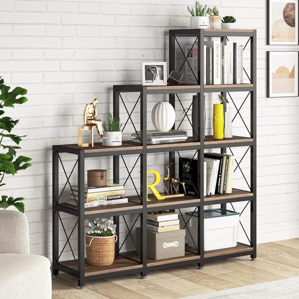 Industrial Style 12-Tier Ladder Bookshelf with 9 Cubes for Corner Display and Rustic 5-Tier Shelving
