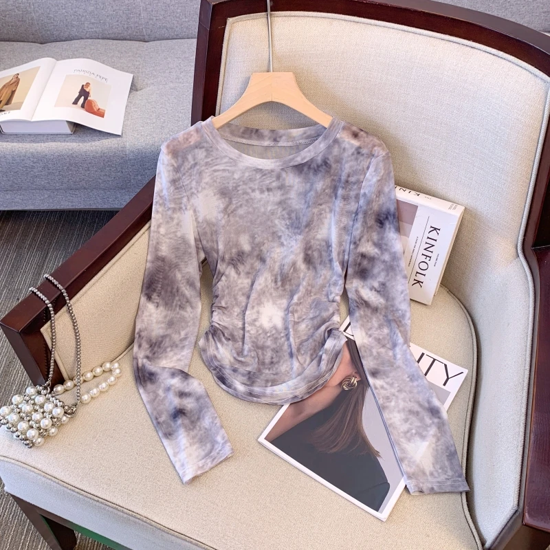 

Новая летняя женская футболка с длинным рукавом и эффектом тай-дай, укороченная, с завязками на талии, с защитой от солнца, с круглым вырезом, для повседневной носки