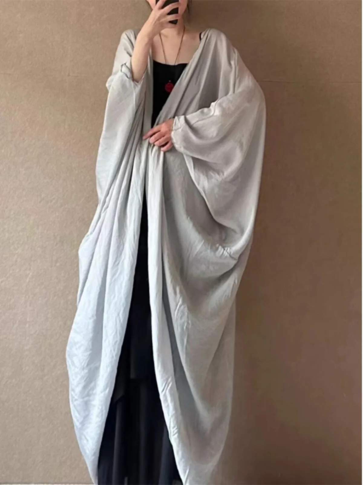 ملابس خارجية للنساء من Retro Zen Batwing Sve للحماية من الشمس أوائل الخريف، سترة صوفية طويلة فضفاضة ذات ملمس مفتوح