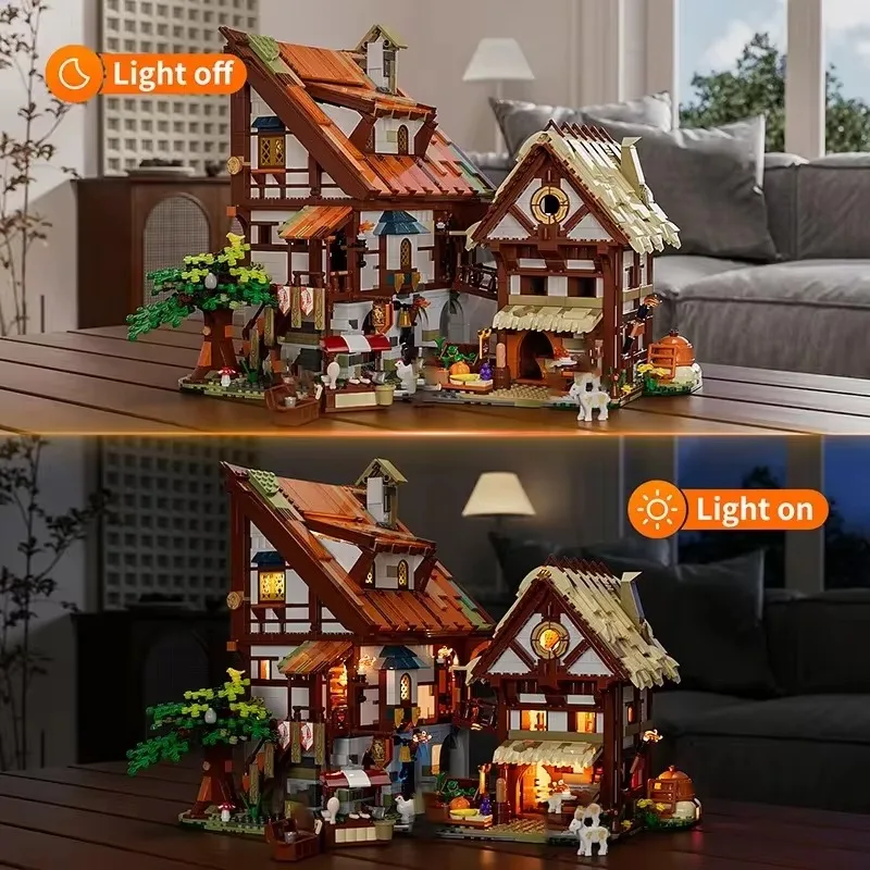 Mittelalterliche Burg Modulare Gebäude MOC FunWhole F9015 Mittelalterliche Markt Architektur Modell 2614PCS Bausteine Ziegel Puzzle Spielzeug