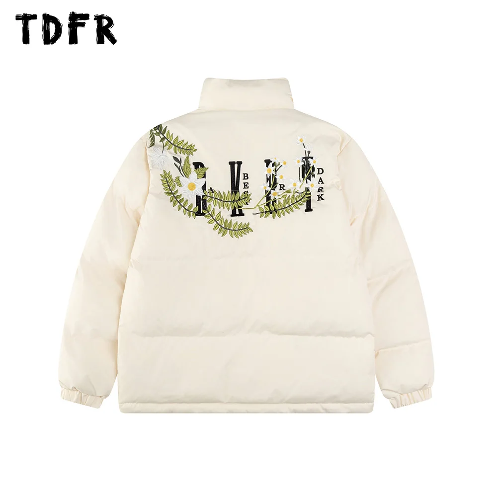 Flower Embroidery Padded Jacket Mens Winter Thick Streetwear Drawstring Hem Long Sleeve Stand collar Bread jacket Men