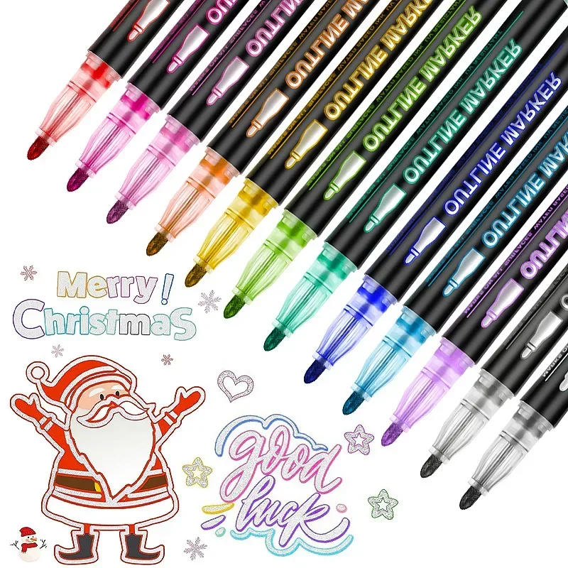 8/12/24/36 pena Glitter warna Set garis ganda pena garis warna metalik penanda Copic buku pegangan DIY Highlighter neon