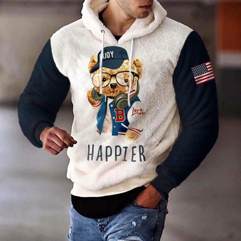 

Fleece Hoodie Men 2023 Spring Long Sleeve Fashion Bear Print Loose Drawstring Hooded Sweatshirt Mens Clothes Casual Wool Hoodies