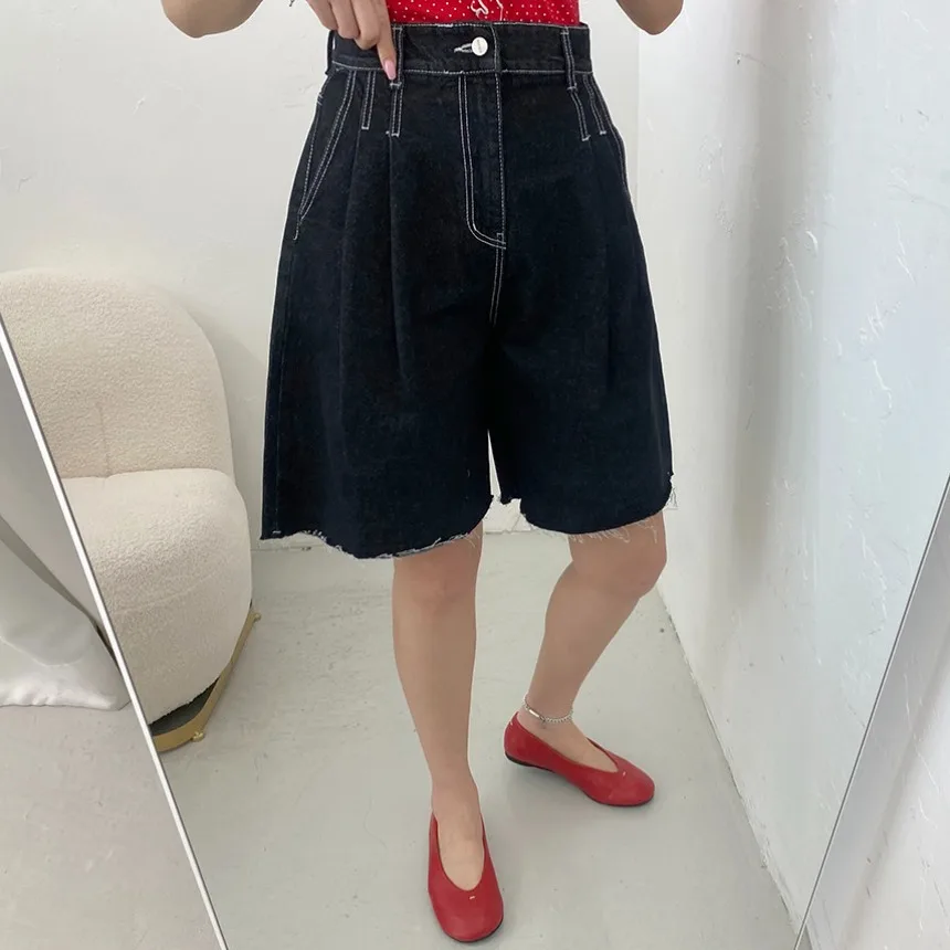 

Джинсы с высокой талией и широкими штанинами, повседневные, свободного кроя, летние, модные, женские джинсовые шорты, повседневные брюки, универсальные свободные джинсы