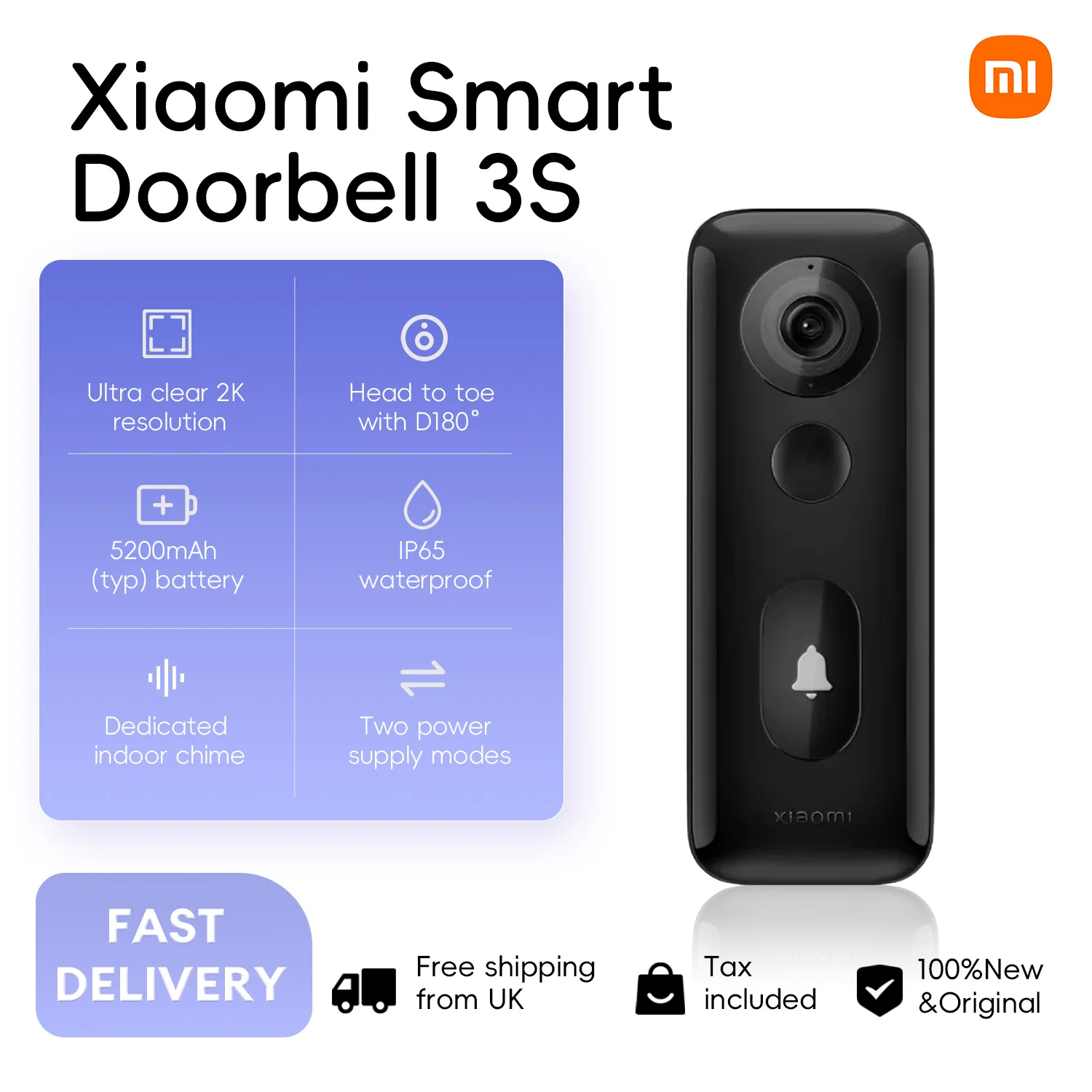 Xiaomi Smart Doorbell 3S Mijia 2K HD Night Vision Video Doorbell Long Battery Life AI Human Recognition with Mi home APP IP65