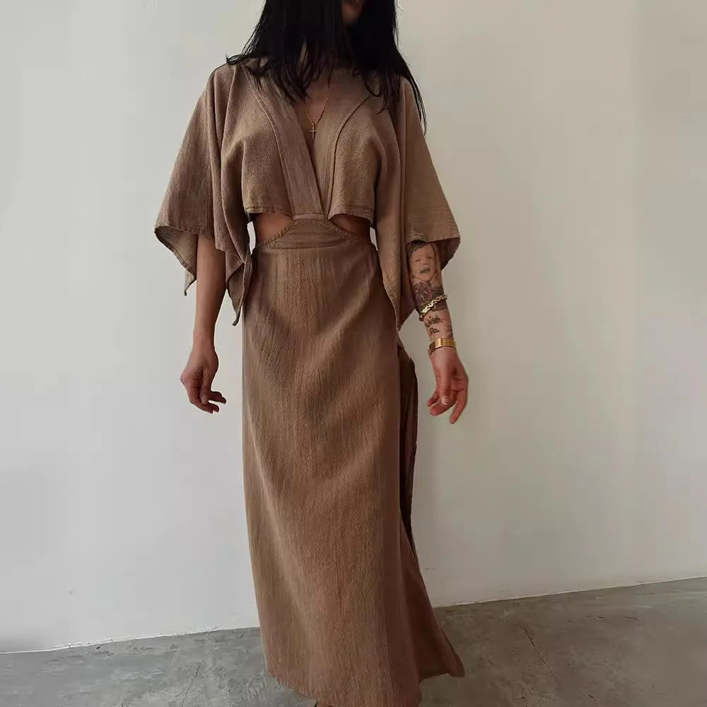 Vintage Hollow Backless Long Dress Summer Waist-revealing V-neck With High Slit Short Sleeve Elegant Sexy Slim Show Waist Dress