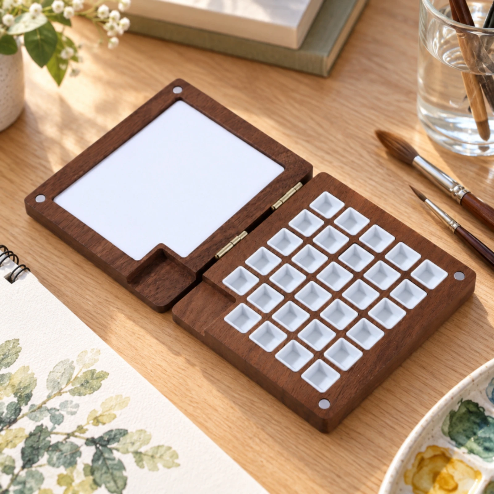 Wooden Watercolor Paint Box Wood-Grain Finish Folding Watercolor Palette with Mixing Surface Pigment Holder Box Long-Lasting