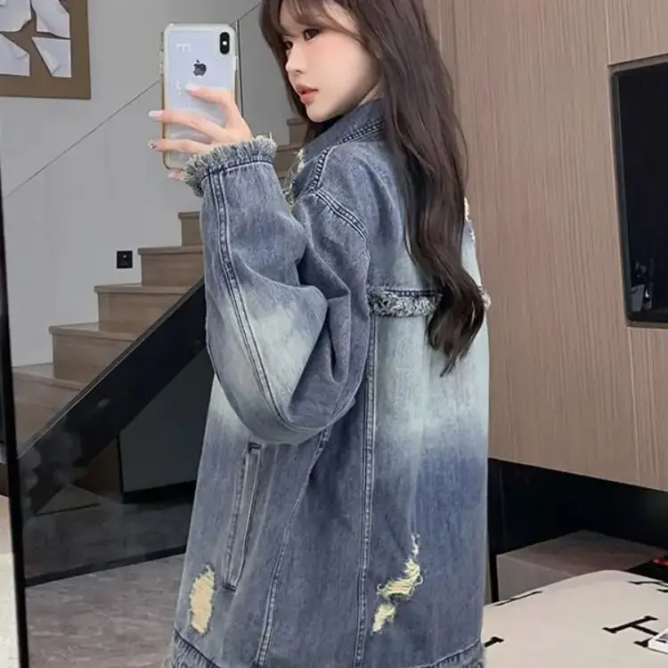 Retro Raw Edge Loose Denim Jacket Women 2024 Autumn New Design Lazy Style Slimming Design Long-Sleeved Jacket Top